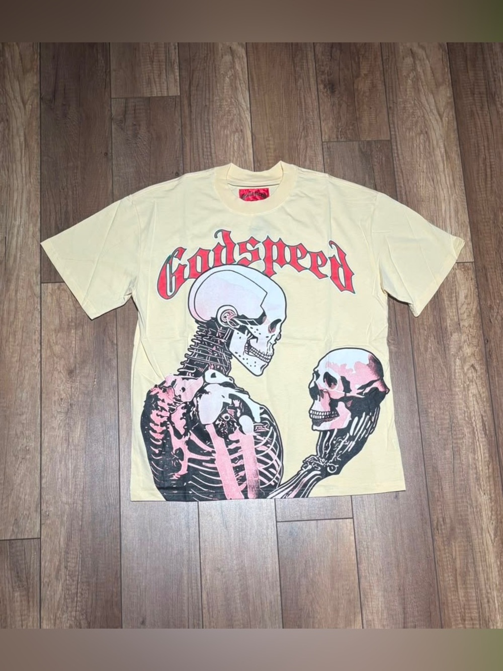 Godspeed Skull Graphic Tee Shirt Short Slevees Cream with Red Logo Brand New